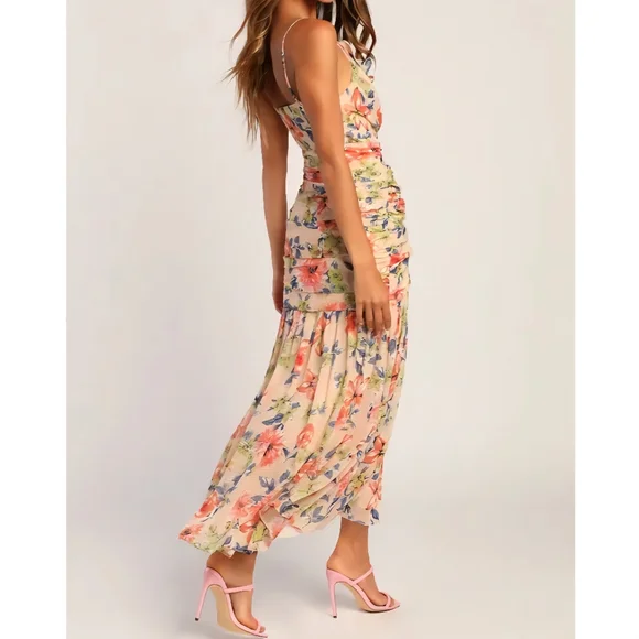 NWT Lulus | Stunning Soiree Blush Pink Floral Print Ruched Midi Dress Womens XL - Picture 4 of 10